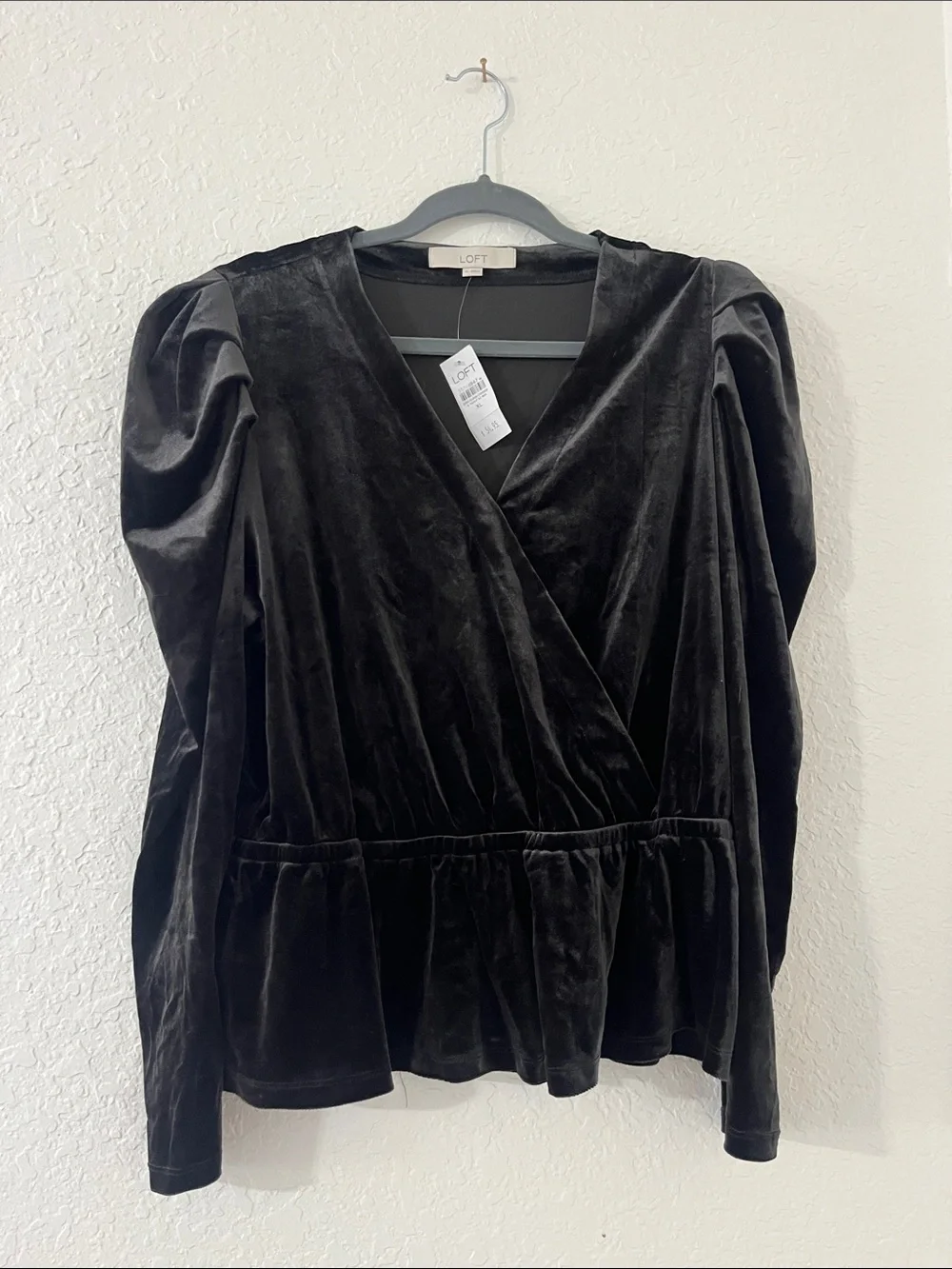 LOFT Black Velvet Wrap Peplum Blouse with Puff Shoulders
